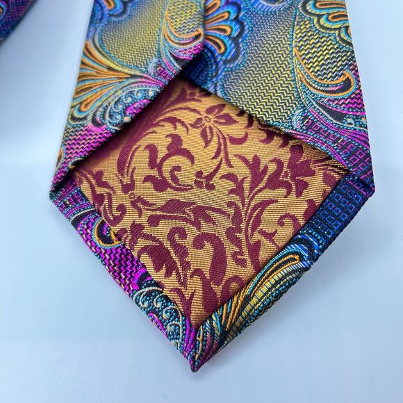 Robert Lewis Vibrant Colorful Jacquard Paisley Print 100% Silk Long Tie - Picture 7 of 10